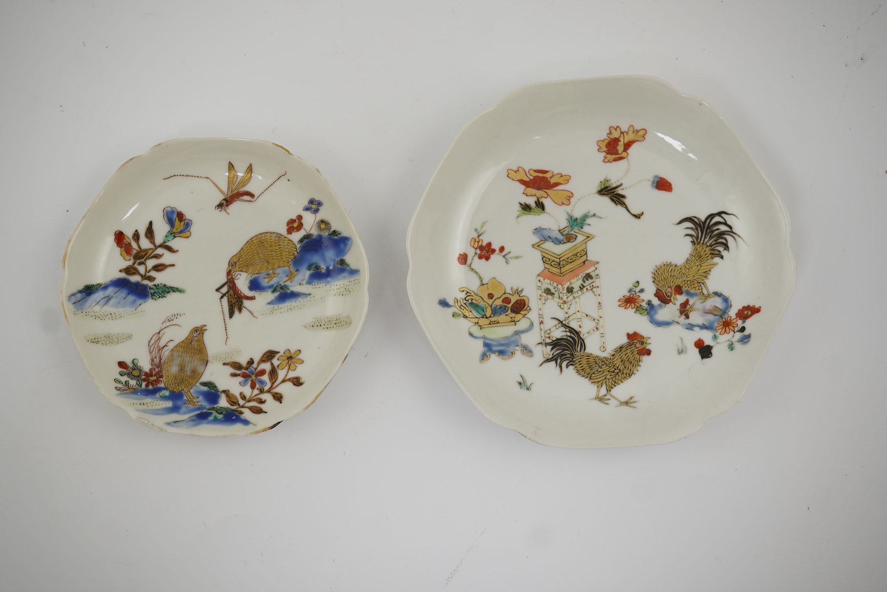 Two Chinese semi-eggshell porcelain hexagonal saucers and a similar cup, Yongzheng/Qianlong period